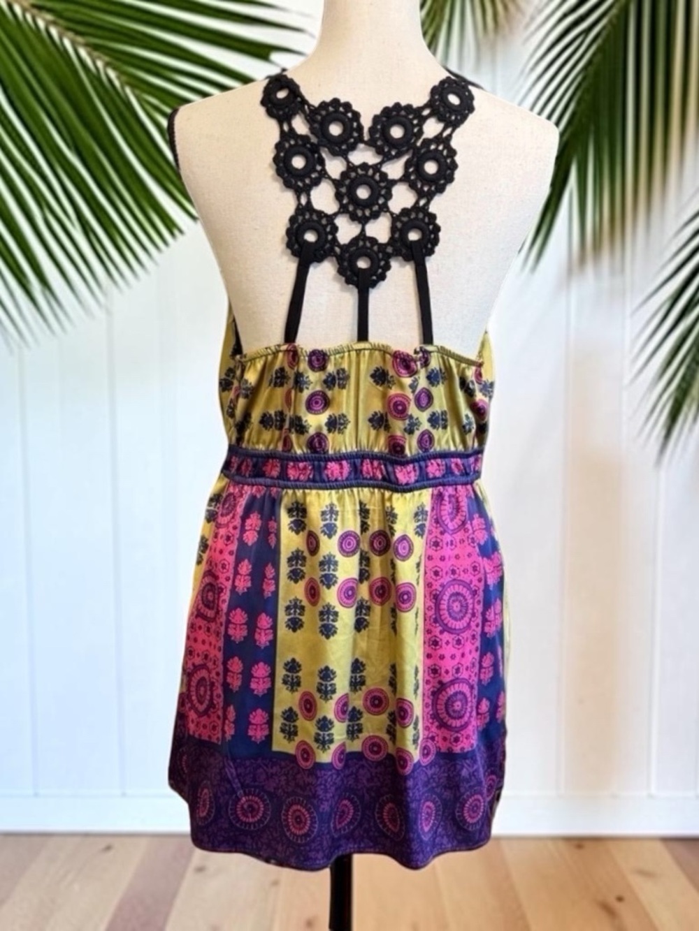 Hale Bob 100% Silk Crochet Back Tunic Top Size L Y2K Boho